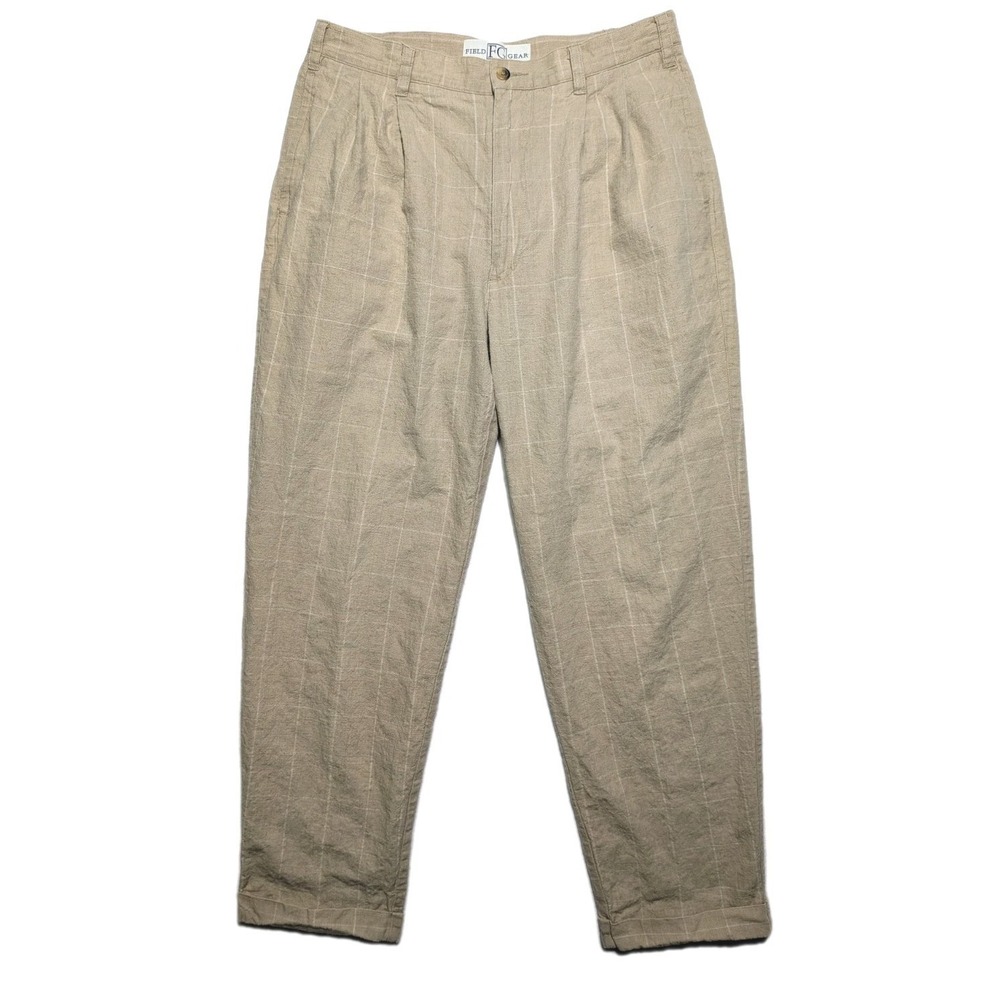 VTG Field Gear Windowpane Linen Blend Pleated Trousers Tan Size 32x30